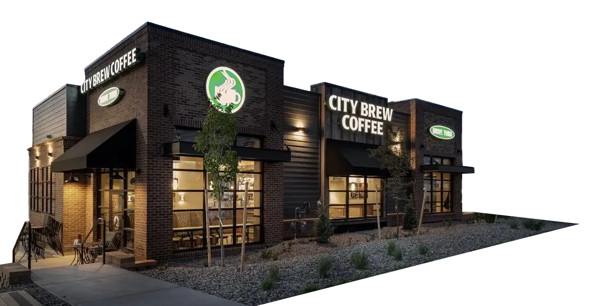 City Brew Coffee shop exterior at night